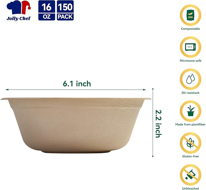 JOLLY CHEF Compostable Disposable Paper Bowl [16 oz] Heavy Duty Soup Containers [150 Pack] Biodegradable Bagasse Hot Cold Eco-Friendly Natural Sugarcane Microwavable Bowls for Salad Dessert Cereals