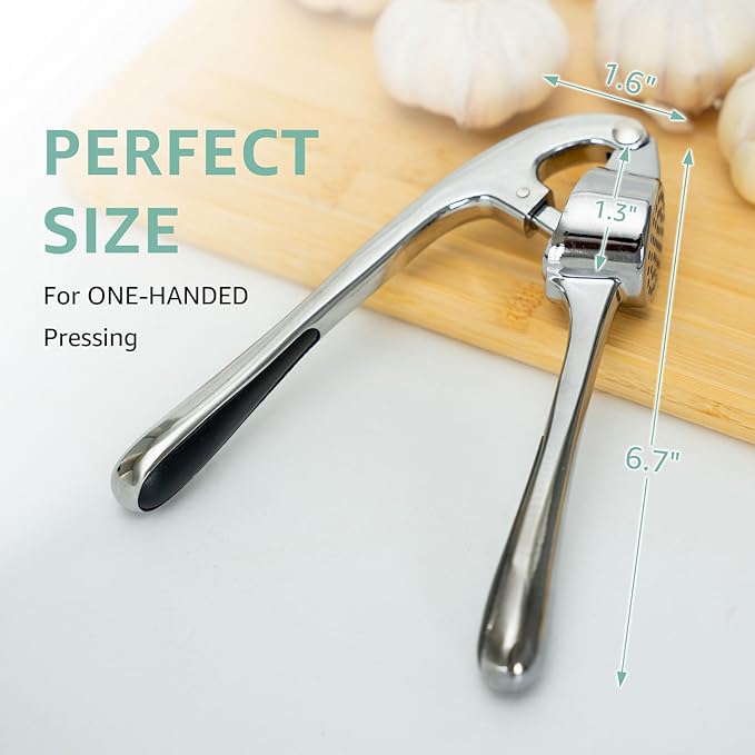 GD Premium Garlic Press Set – Rust-Proof Stainless Steel Garlic Mincer Tool – Easy-Squeeze, Easy-Clean with Soft Ergonomic Handle – Dishwasher Safe, Includes Silicone Peeler & Brush (Imperial Silver)