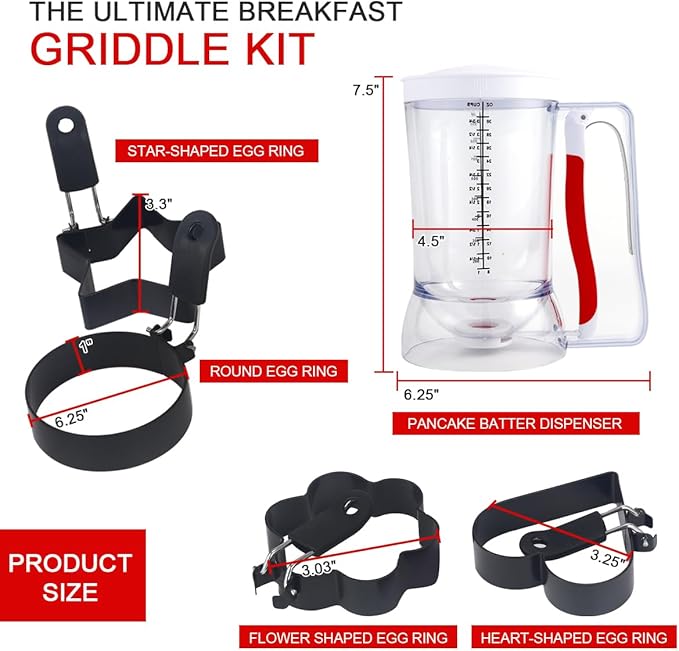 Pancake Batter Dispenser with Squeeze Handle for Precise Portion Control, Clear Measuring 4 Cup Batter Separator for Cookie Cake Waffles Muffin with 4 Egg Ring Molds