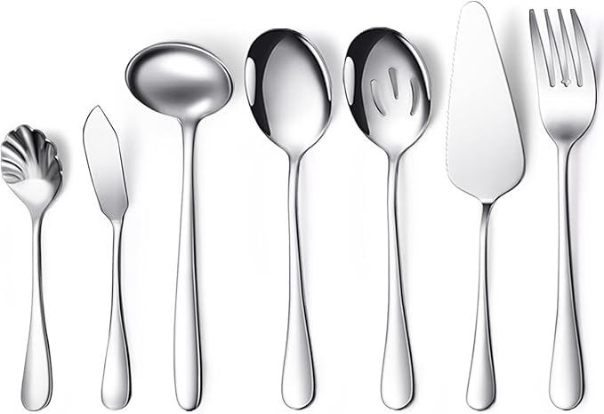 Patelai Serving Utensils Set Include Stainless Steel Large Spoons Slotted Spoons Forks Tongs Soup Ladle and Pie Server for Parties Buffet Catering, Dishwasher Safe(Silver,7 Pieces)