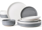 Famiware Milkyway Plates and Bowls Sets, 12 Pieces Stoneware Dinnerware Sets, Dishes Set for 4, White & Dark Gray