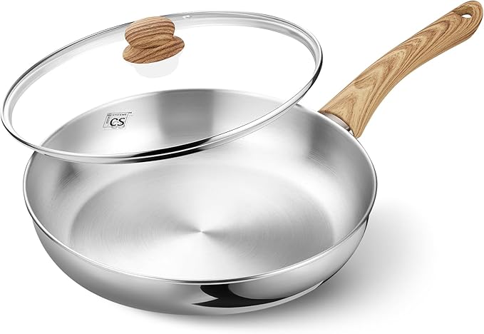 KOCH SYSTEME CS Stainless Steel Pan 12 Inch, Stainless Steel Frying Pan with Lid for Professional Cooking, PFAS-Free 12 Inch Skillet with Cool-Touch Bakelite Handle, Induction Compatible
