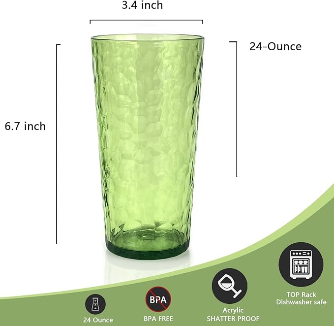 Yalin 24-Ounce Plastic Tumbler Acrylic Drinking Glasses, Reusable Plastic Cups, Stackable, BPA-Free, Shatter Proof, Dishwasher Safe, Set of 8 (Green)