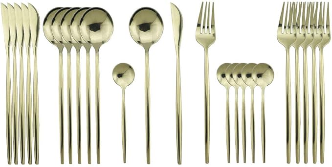 JASHII 24-Piece 304 Stainless Steel Flatware Cutlery Set for 6, Champagne Silverware Set, Mirror Finish, Ideal for Home Wedding Festival Party, Dishwasher Safe (Champagne gold)