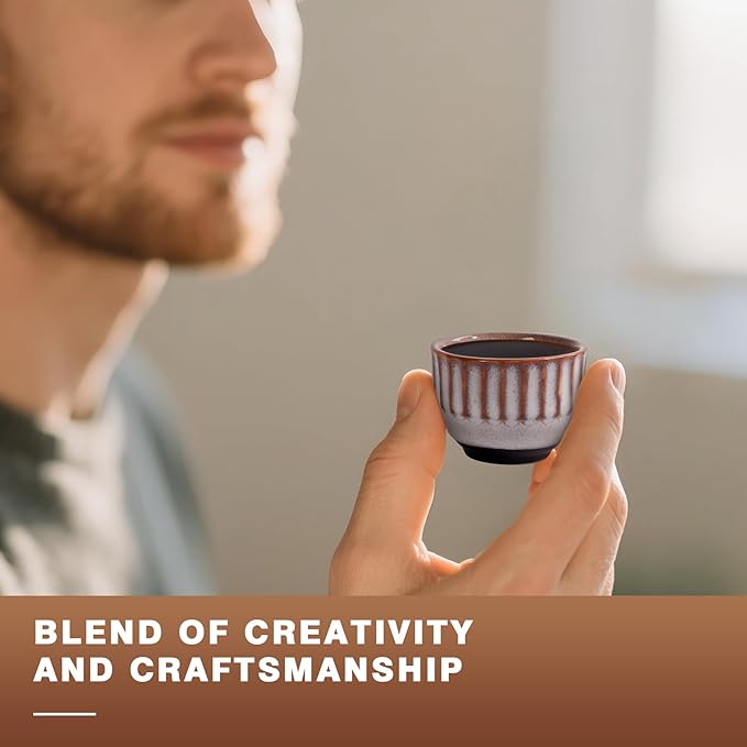 Ceramic Espresso Cup set of 6, One Shot Coffee Cups,Tiny Cofffee Mugs Demitasse for Espresso, Vertical Stripes Espresso Cup Set of 6 (Top Kiln-Gray & Bottom Dark Brown)