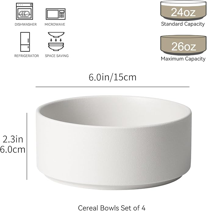GZG Ceramic Cereal Bowls Set of 4,6 Inch Stoneware Soup Bowls,Dishwasher and Microwave Safe,Stackable,Scratch Resistant for Oatmeal,Fruit,Salads and Rice(Ivory White)