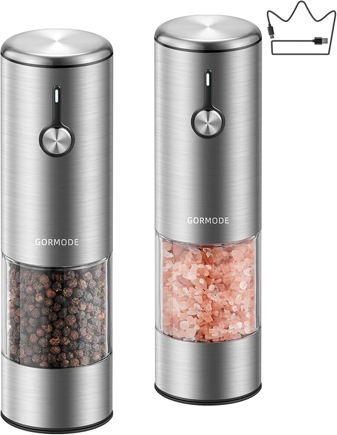 Electric Pepper Grinder and Salt Mill Set - Large Capacity USB Rechargeable Automatic Grinder with Dual LED Lights, One-Handed Operation & Slide Cover - Brushed Stainless Steel
