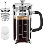 QUQIYSO French Press Coffee Maker 304 Stainless Steel French Press with 4 Filter, Heat Resistant Durable, Easy to Clean, Borosilicate Glass Coffee Press, 100% BPA Free Glass Teapot, 21 ounce, Silver