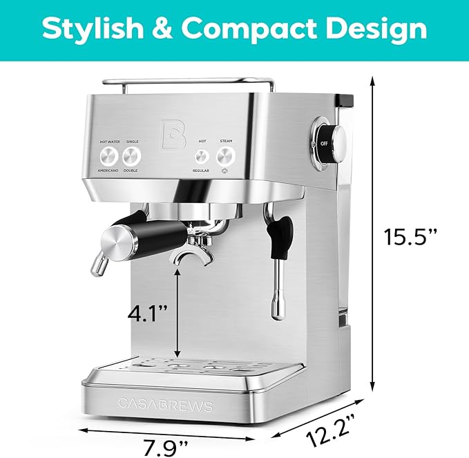 CASABREWS 4700Gense 20-Bar Espresso Machine with Milk Frother and Hot Water Wand, Adjustable Temperature, Ideal for Americano, Latte, Cappuccino