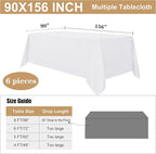 sancua 6 Pack White Tablecloth 90 x 156 Inch - Rectangle Table Cloth for 8 Feet Tables Stain and Wrinkle Resistant Washable Polyester Table Cover for Dining Wedding Banquet Party Buffet Restaurant