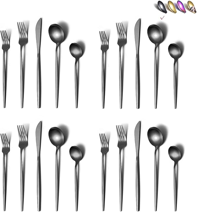 Stainless Steel Flatware Set, Titanium Plated, 40-Piece Service Set for 8 (Matte Black)