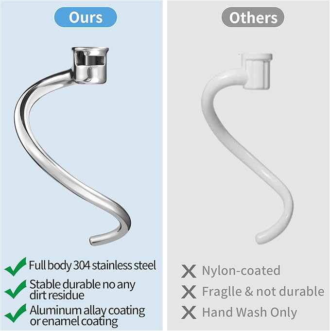 Stainless Steel Dough Hook Replacement for KitchenAid 7 QT Bowl-lift Stand Mixers, Stainless Steel Spiral Dough Hook Attachment for Kitchen aid attachment parts, Dishwasher Safe