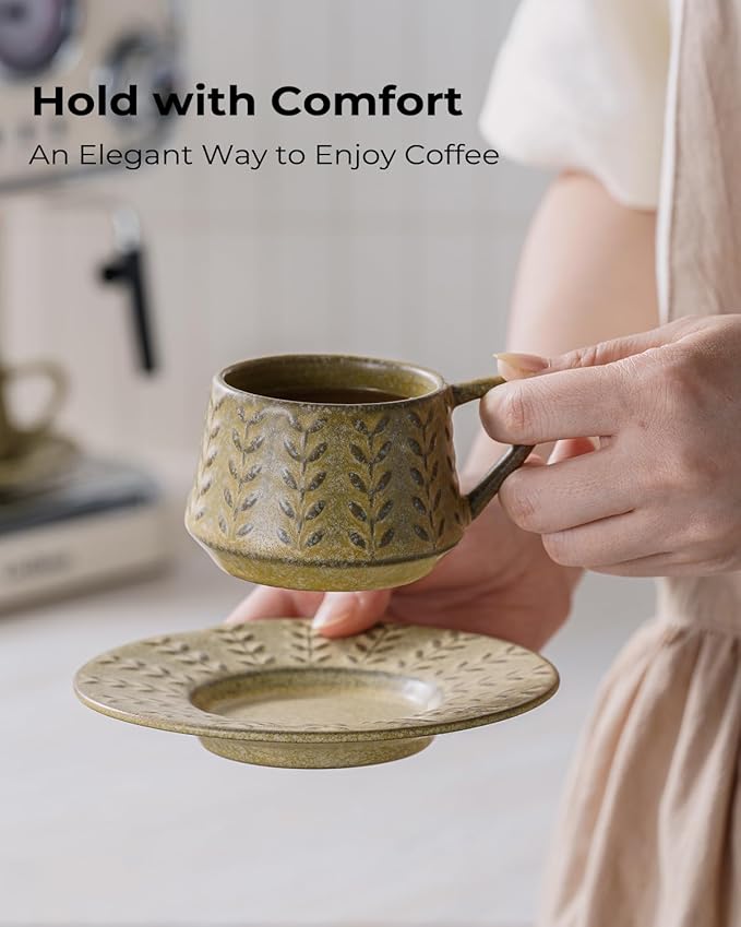 Espresso Cups Set with Saucer and Metal Stand, Porcelain Small Demitasse Cups Cappuccino Cups for Espresso, Latte, Cafe Mocha, Cappuccino, and Tea, 4 oz, Set of 6, Yellow