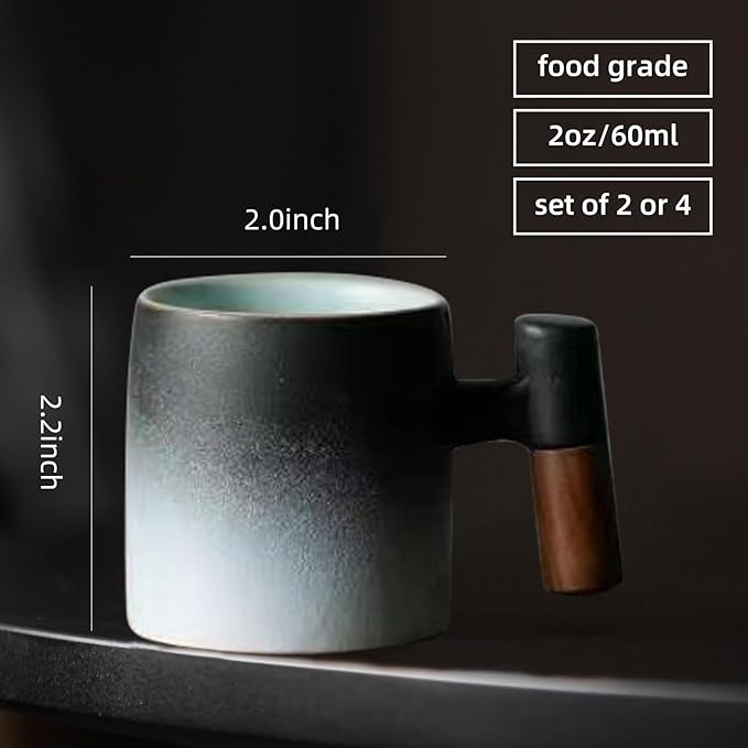 2-Oz Ceramic Espresso Cups with Wood Handle, 2/4-Piece Set for Coffee, Tea, Latte - Dishwasher Safe, Multi-Color & Wood Styles, Gift & Café Use (black white, Wooden Handle2)