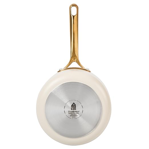 bloomhouse 8 Inch Heavy Duty Aluminum Premium PFA Free Ceramic Nonstick Saute/Deep Frying Pan Skillet - Almond Cream w/Gold Handle