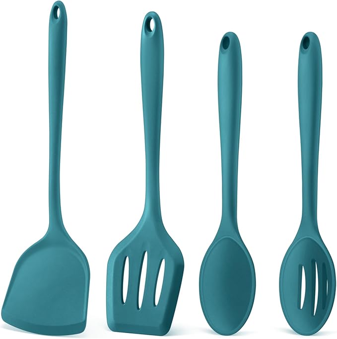 P&P CHEF Kitchen Utensil Set, 4 Pieces Non-stick Silicone Cooking Utensils, Heat-resistant Slotted Solid Spoon Turner for Frying, Mixing, Serving, Non-toxic & Easy to Clean, Blue