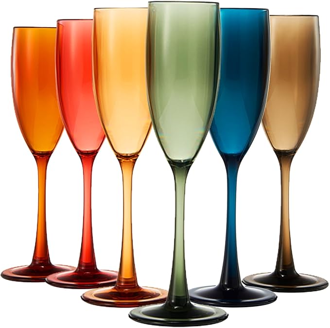 European Style Plastic Acrylic, Champagne Flutes Glasses | Set of 6 | Colored Reusable Toasting Cups 100% Tritan Drinkware, 5 oz Dishwasher Safe BPA-free plastic, Perfect Poolside & Outdoors,