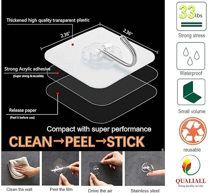 Adhesive Hooks, 20 Packs, 33lbs/15kg Premium Heavy Duty Wall Ceiling Hooks for Hanging, Damage Free, Clear Sticky Hanger for Kitchen, Bathroom Shower Outdoor Use.