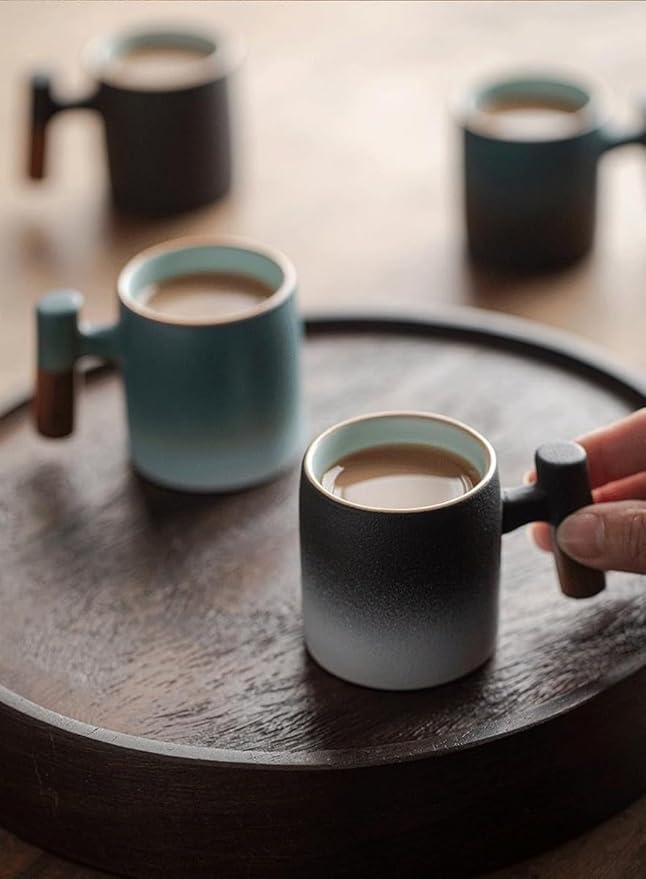 2-Oz Ceramic Espresso Cups with Wood Handle, 2/4-Piece Set for Coffee, Tea, Latte - Dishwasher Safe, Multi-Color & Wood Styles, Gift & Café Use (blue black, Wooden Handle4)