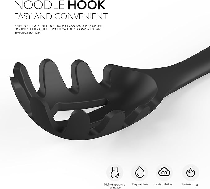 Large Silicone Cooking Utensils Set - Heat Resistant Silicone Kitchen Utensils for Cooking w Wooden Handles, Spatula Set, Kitchen Utensil Gadgets Sets for Non-Stick Cookware, BPA Free (Black)