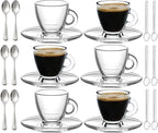 BOHEM'S Espresso Cups, 3.2 oz Small Demitasse Clear Glass Espresso Drinkware, Set Of Cups, Saucers and Stainless Steel mini Spoons + Free Glass Spoons (Set of 6)