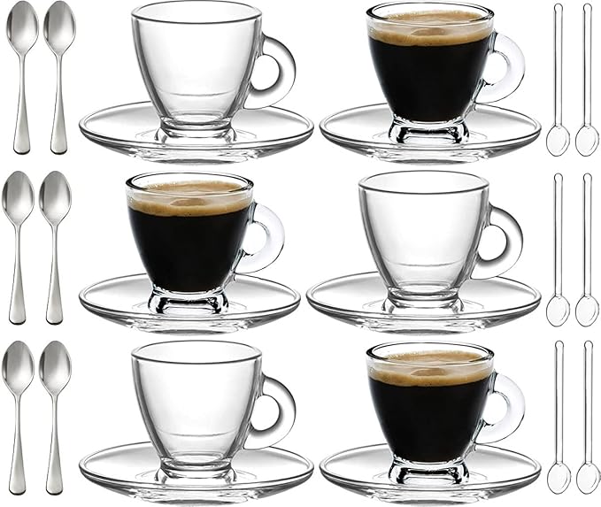BOHEM'S Espresso Cups, 3.2 oz Small Demitasse Clear Glass Espresso Drinkware, Set Of Cups, Saucers and Stainless Steel mini Spoons + Free Glass Spoons (Set of 6)