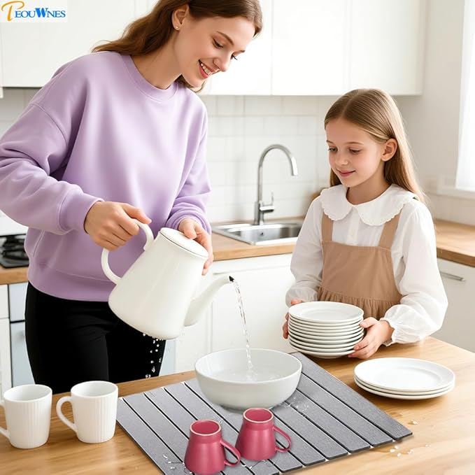 Large Gray Diatomaceous Stone Drying Mat for Kitchen Counter, Quick Dry Collapsible Drying Mat , Absorbent Bath Mat for Kitchen Dishes Cups Bottles Bathroom Any Countertop, 24 In x 16 In