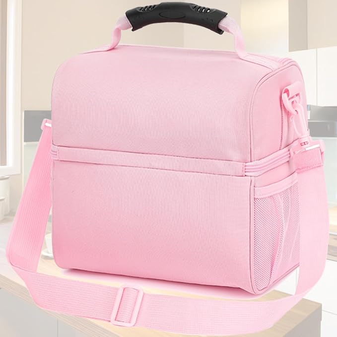 FlowFly Double Layer Cooler Insulated Lunch Bag Adult Lunch Box Large Tote Bag for Men, Women, With Adjustable Strap,Front Pocket and Dual Large Mesh Side Pockets