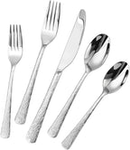 20-Piece Hammered Silverware Set, Food-Grade Stainless Steel Spoons and Forks Set, Heavy Duty Flatware Cutlery Set with Ripple Handles Design, Mirror Polished,Dishwasher Safe