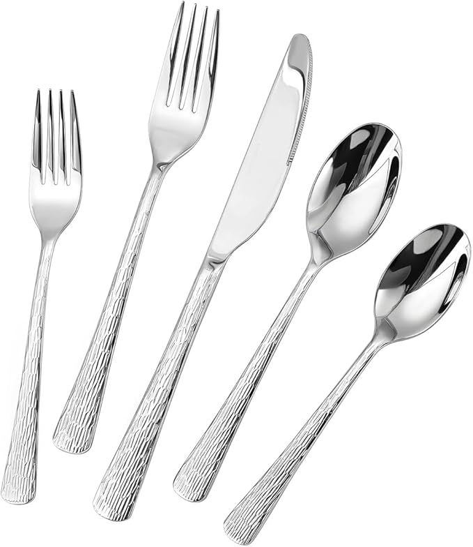20-Piece Hammered Silverware Set, Food-Grade Stainless Steel Spoons and Forks Set, Heavy Duty Flatware Cutlery Set with Ripple Handles Design, Mirror Polished,Dishwasher Safe
