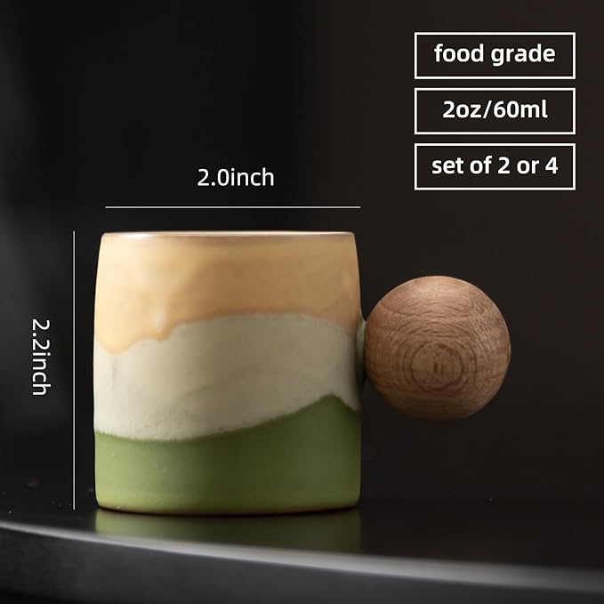 2-Oz Ceramic Espresso Cups with Wood Handle, 2/4-Piece Set for Coffee, Tea, Latte - Dishwasher Safe, Multi-Color & Wood Styles, Gift & Café Use (2-Pack) (Kiln turning green, Round Handle2)