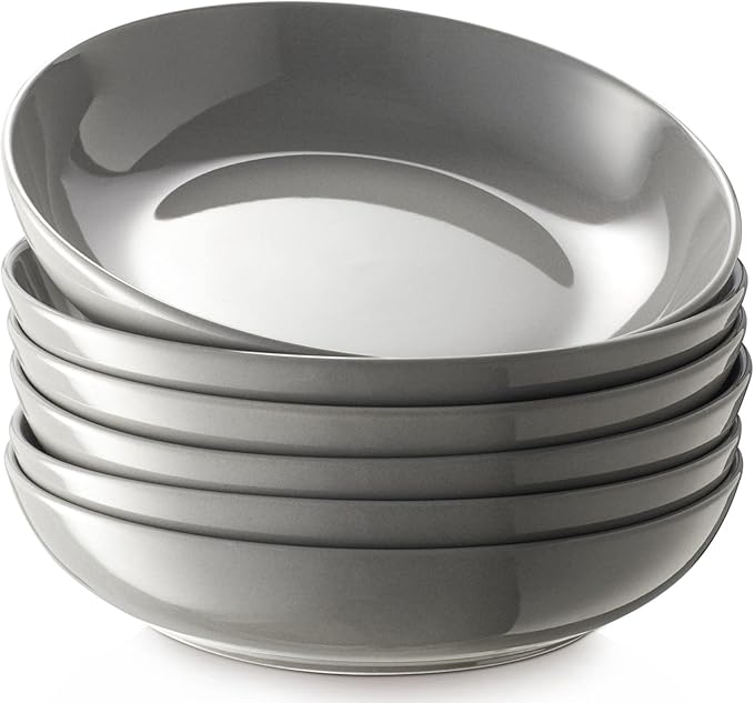 Y YHY 8.5'' Pasta Bowls Set of 6, 30oz Large Salad Serving Bowls for Kitchen, Porcelain Wide Shallow Soup Bowl Plates for Dinner, Microwave Dishwasher Safe, Matte Gray