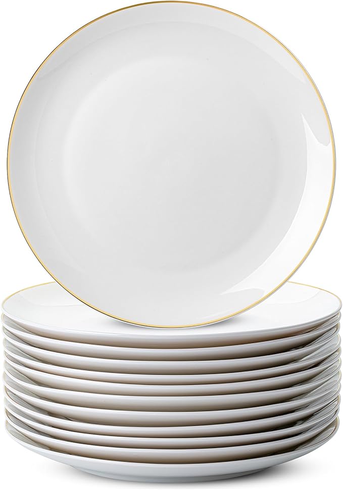 Brew To A Tea - White Porcelain Dinner Plates, Set of 12, 10.5" Gold Rimmed, Classic Style, Formal Dining