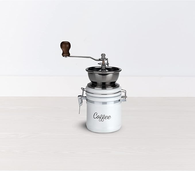 Twine Handheld Vintage Coffee Grinder, Manual Adjustable Design with Wood Handle and White Ceramic Jar, Set of 1