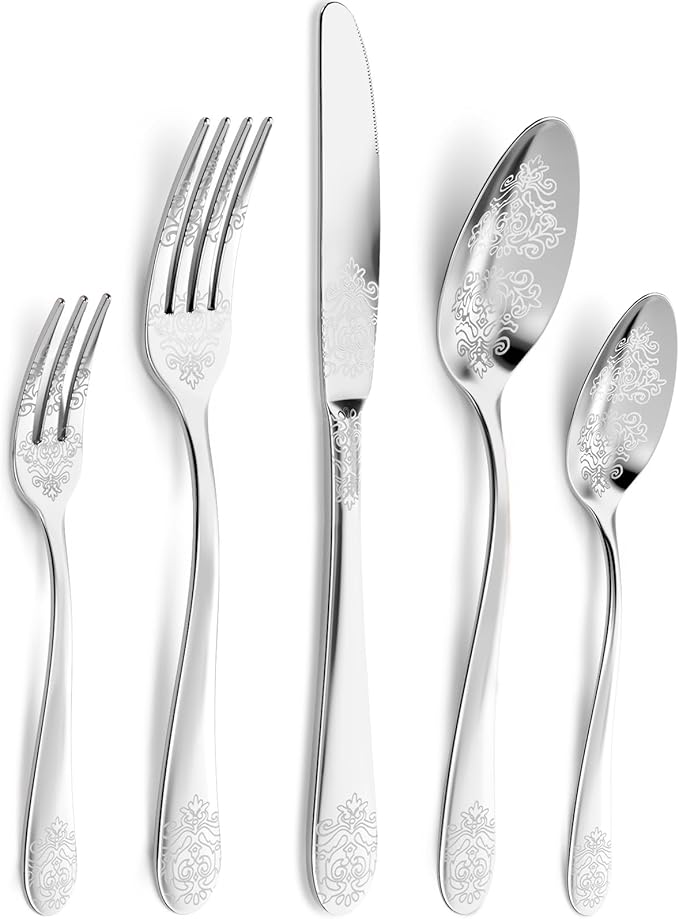 40-Piece Stainless Steel Silverware Set, Elegant Floral Engraved Cutlery Flatware Set for 8, Durable Tableware Utensil Sets Silver Include Fork Spoon Knife with Mirror Polish