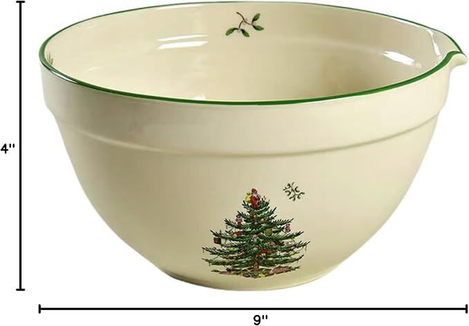 Spode Christmas Tree Mixing Bowl with Spout, 2-Quart Batter Bowl with Pour Spout, Measures 9-Inches, Holiday Serving Dishes, Dishwasher and Microwave Safe