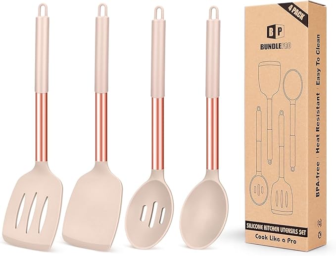 Pack of 4 Silicone Cooking Utensils Set, Non Stick Large Solid Spatulas, Heat Resistant Rose Gold Khaki Slotted Spoons, Ideal BPA Free Kitchen Turners for Frying, Mixing,Serving,Draining,Turning