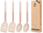 Pack of 4 Silicone Cooking Utensils Set, Non Stick Large Solid Spatulas, Heat Resistant Rose Gold Khaki Slotted Spoons, Ideal BPA Free Kitchen Turners for Frying, Mixing,Serving,Draining,Turning