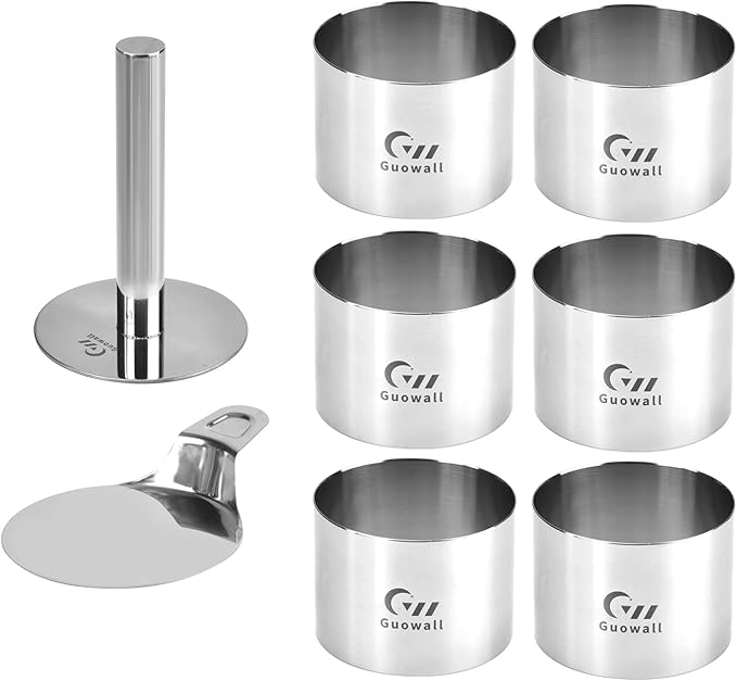 Guowall 6 pack Seamless Mousse Ring Set 3 inch Stainless Steel Round Cake Cutter Food Pastry Mold for Baking (Includes 1 Lifter, 1 Pusher and 6 Rings)