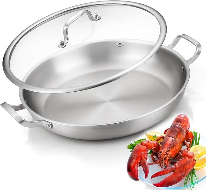 Tri-Ply Stainless Steel Paella Pan, 14.5 inch Large Skillet,12 Servings 18/10 Large Paella pan with Lid,Jumbo Cooker,Perfect for Outdoors, Camping, Parties