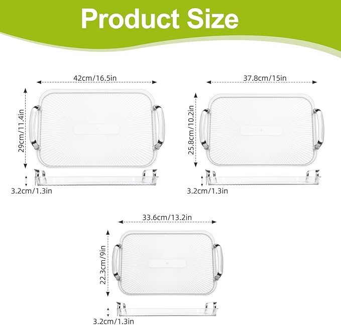 3 Pack Serving Tray with Handles, Stackable Reusable Trays for Serving Food, Plastic Serving Platters for Party, Charcuterie, Fruit, Appetizer, Transparent