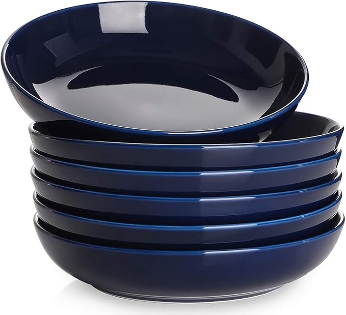 Y YHY Pasta Bowls, 30oz Soup Bowls Salad Bowls Large Serving Bowl Porcelain Pasta Plates Wide and Shallow Bowls Set of 6 Microwave Dishwasher Safe, Blue