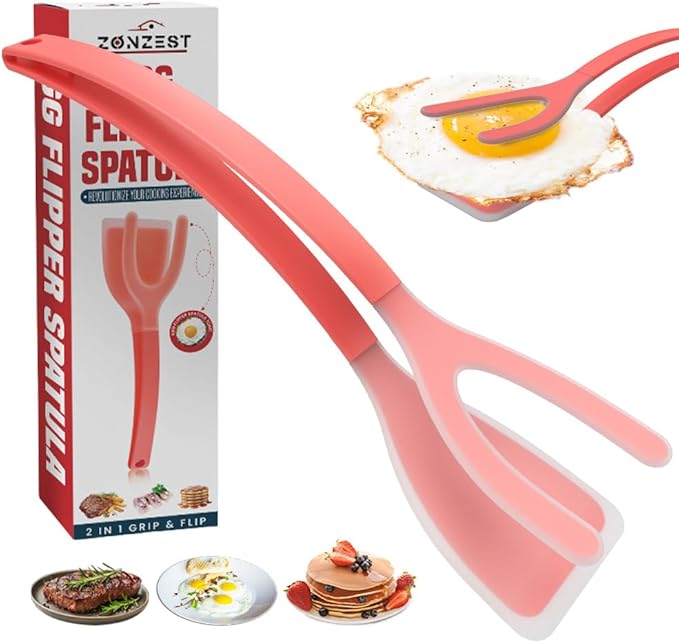 Silicone Egg Flipper Spatula Tongs (Set of 1) – Non-Stick 2-in-1 Grip & Flip Kitchen Tongs for Pancakes, Fish, Eggs, and More – Heat Resistant Cooking Tool (Black) (Red)