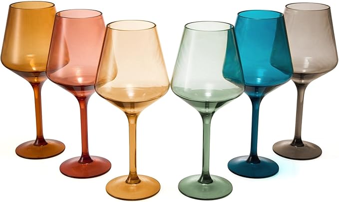 European Style Plastic Crystal, Stemmed Wine Glasses | Set of 6 | Acrylic Tritan Drinkware, Unbreakable Muted Color Shatterproof BPA-free, Reusable, Floating Pool & Indoor & Outdoor, Hand Wash 15oz