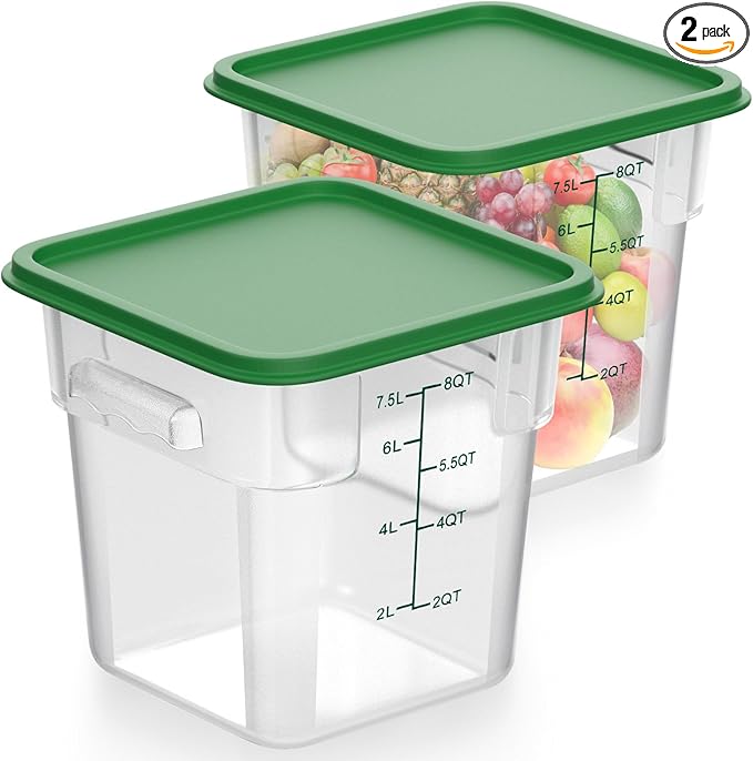 2 Pieces Square Food Storage Containers Polycarbonate Clear food Container with Lid Commercial Storage with Graduations for Commercial Kitchen Dough Marinating Meat(Green, 8 Qt)