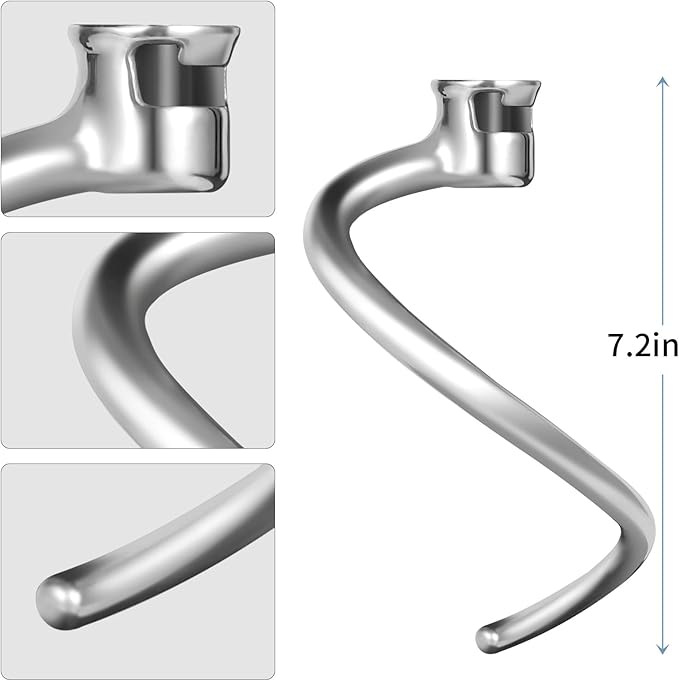Stainless Steel Dough Hook Replacement for KitchenAid 7 QT Bowl-lift Stand Mixers, Stainless Steel Spiral Dough Hook Attachment for Kitchen aid attachment parts, Dishwasher Safe