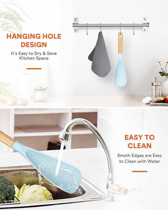 Cooking Spoon for Nonstick Cookwares, Great for Cooking and Serving Sturdy BPA-Free Matte Silicone, Wood Handle Spoon for Mixing, Scoop, and Scrape (BLUE)