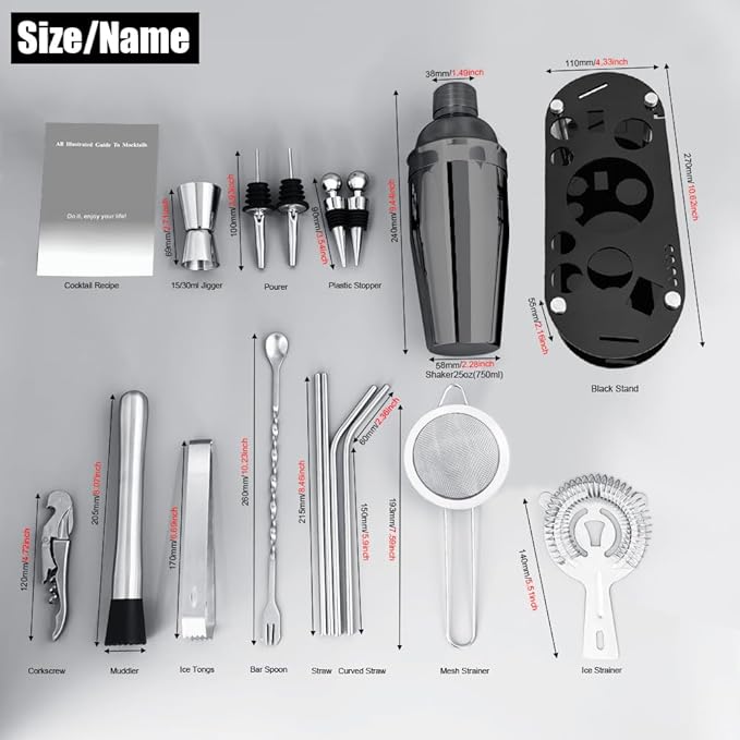 Cocktail Shaker Set Bartender Kit with Stand - 16 Piece Bar Tool Set Drink Mixer Set Includes : Shakers, Jigger, Strainer, Mixer Spoon, Muddler, Liquor Pourers, Straw (Black)