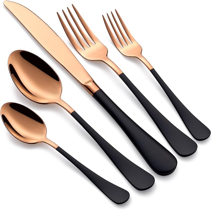 20-Piece Black and Rose Gold Silverware Set 18/0 Stainless Steel Silverware Set Black Handle Cutlery Set Service for 4 Dinner Knives Forks Spoons Set Flatware Set Finish Dishwasher Safe