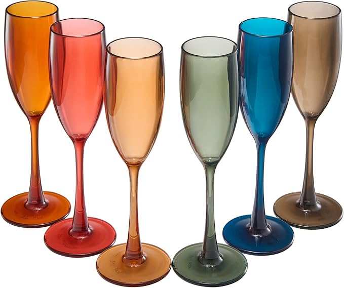 European Style Plastic Acrylic, Champagne Flutes Glasses | Set of 6 | Colored Reusable Toasting Cups 100% Tritan Drinkware, 5 oz Dishwasher Safe BPA-free plastic, Perfect Poolside & Outdoors,